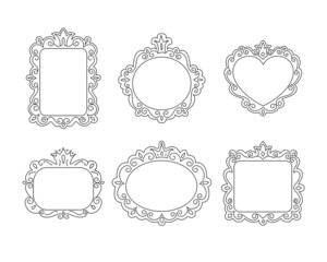 Princess frame set. Royal mirror frame and majestic prince doodle border. Cute crown border. Outline vector illustration. 