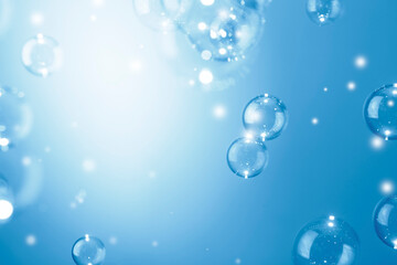 Beautiful Shiny Transparent Blue Soap Bubbles Background. Soap Sud Bubbles Water.	 - obrazy, fototapety, plakaty