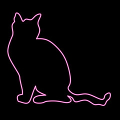 Neon pink cat silhouette thin line icon for logo design. Vector illustration of a cat mascot isolated on a black background