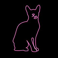 Neon pink cat silhouette thin line icon for logo design. Vector illustration of a cat mascot isolated on a black background