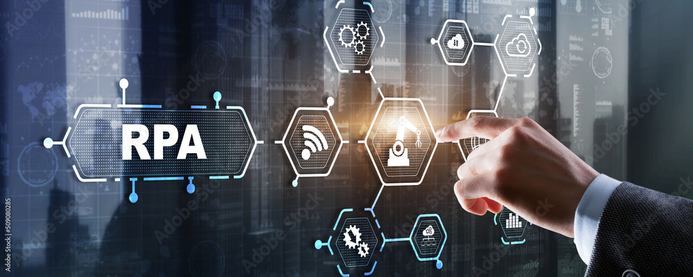 Poster rpa. robotic process automation concept on virtual screen