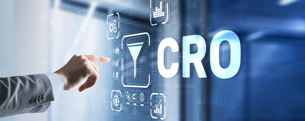 Conversion Rate Optimization. CRO Technology Finance concept Businessman pressing on a virtual...
