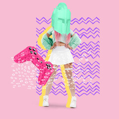 Girl in a helmet with a gamepad, party, summer mood. Banner picture Surrealism, art collage. modern look, magazine style, poster for advertising. Inspiration, creativity, copy space.