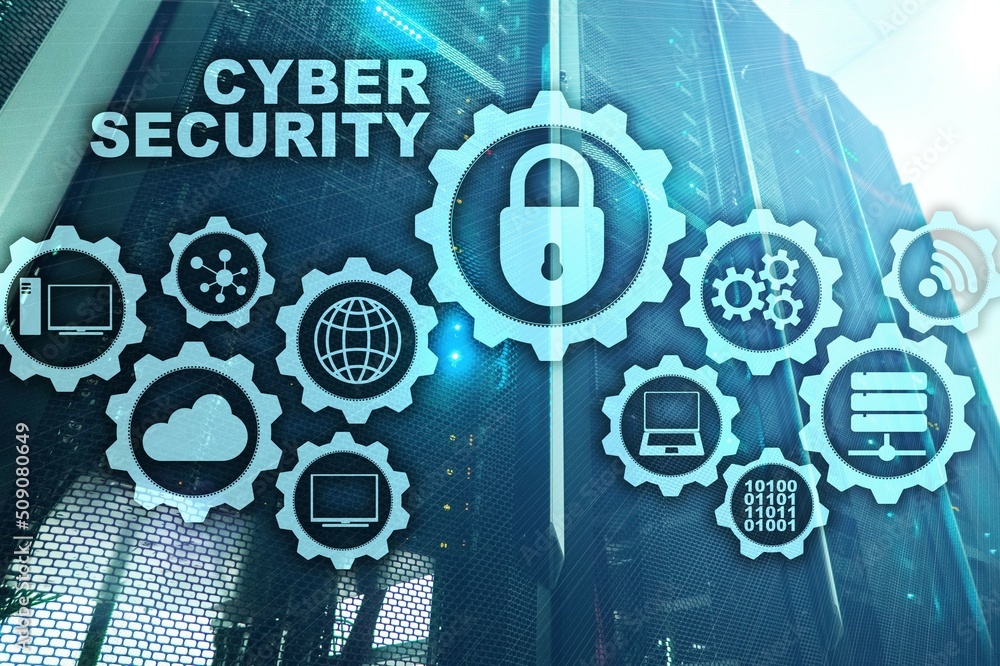 Poster cyber security network. data protection privacy concept on datacenter background