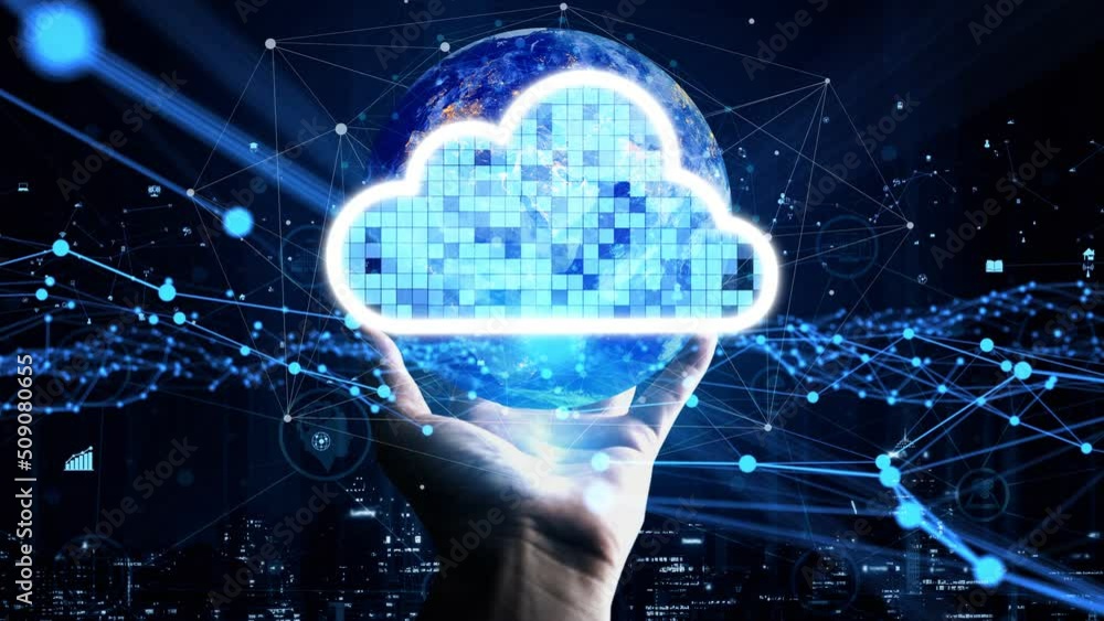 Poster conceptual cloud computing and data storage technology for future innovation . 3d render computer gr