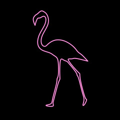 Obraz premium Neon pink flamingo silhouette thin line icon for logo design. Vector illustration of a flamingo mascot isolated on a black background.