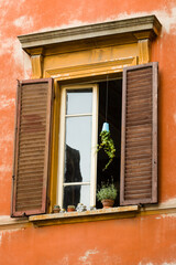Fototapeta na wymiar Bologna house window decorated with flowerpot and wooden shutters