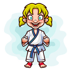 Cartoon little karate girl isolated on white background