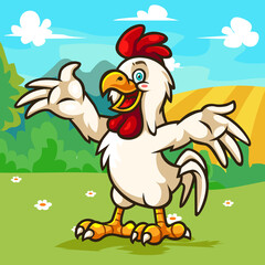 Rooster cartoon isolated on farm garden  background. Vector illustration