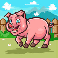 Happy pig cartoon isolated on garden and mountains background. Vector illustration