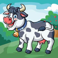 A cute Cow cartoon isloated on wonderfull farm. Vector illustration