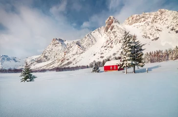 Foto op Aluminium Impressive winter view of Vestvagoy island with typical norwegian wooden red house, Norway, Europe. Fabulous morning scene of Lofoten Islands . Life over polar circle. © Andrew Mayovskyy
