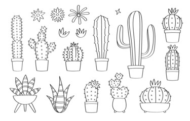 Cute doodle cactus plants cartoon icons and objects.