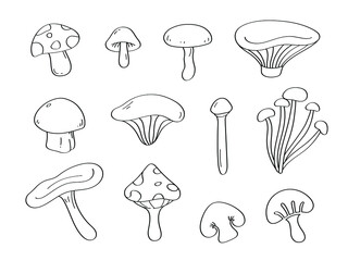 Cute doodle mushrooms cartoon icons and objects.