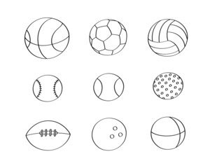 Fototapeta premium Cute doodle set of sports balls cartoon icons and objects.