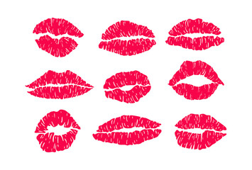 Red mark kisses lipstik pink mouth set. Hand drawn shape beauty sexy silhouette isolated on white background. Vector icon