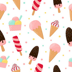 Colorful ice cream seamless pattern. Background for poster, print, cards, wrapping paper, clothes decoration and ice cream shop.