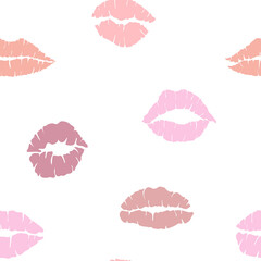 Kiss mark seamless pattern in red and pink colors. Lips prints silhouette. Stamp makeup printfrom mouth. Vector illustration