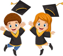 Cartoon happy graduation children jumping