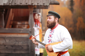 The concept of ancient traditions. Slavic carnival. Rites, dances and fortune-telling. Outfits of...