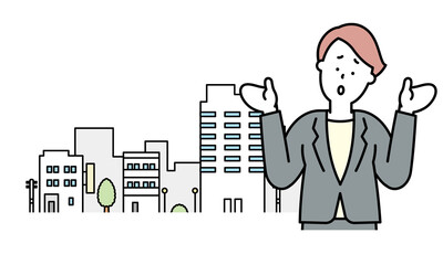 Why?の仕草をするビジネスパーソンと街