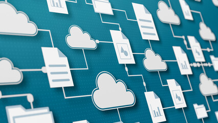 close-up of connected clouds with different file and folder icons, sharing data, concept of cloud computing, smart working, global business, big data (3d render) - obrazy, fototapety, plakaty