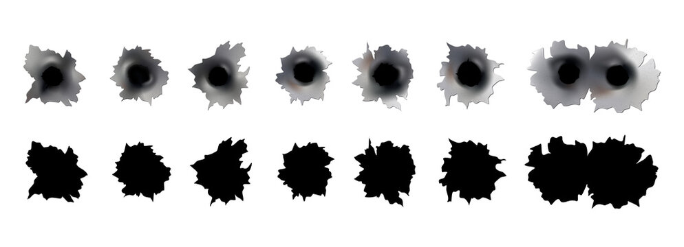 Bullet holes of gun or pistol. Shoot in metal single and double hole. Damage and cracks on surface. Vector isolated on background