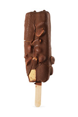 Popsicle ice cream bar with chocolate coating and peanuts isolated on white.