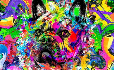 Zelfklevend Fotobehang abstract colored dog muzzle isolated on colorful background color art © reznik_val