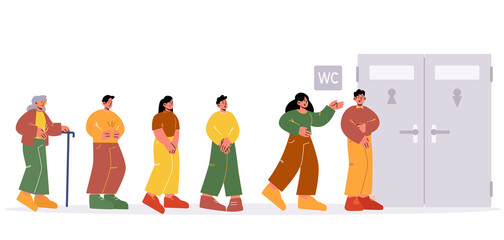 Queue to the toilet. People waiting at WC door stand in line. Unhappy male and female characters feel malaise with full bladder or stomach seething in public restroom, Linear flat vector illustration