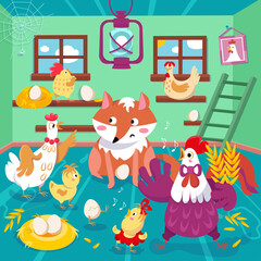 Funny family of rooster and hen with fox in chicken coop. Vector color illustration. Picture for design of posters, books, puzzles.
