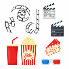 Cinema elements set. Tickets, popcorn bucket, megaphone, 3D glasses, clapperboard, montage tape. Vector illustration for cinema theater, film industry, show, movie making concept