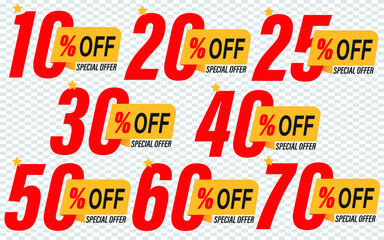 Special offer discount label with different sale percentage. 10, 20, 30, 70, 50 percent off price reduction badge