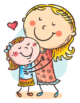 Cartoon illustration of mom hugs daughter