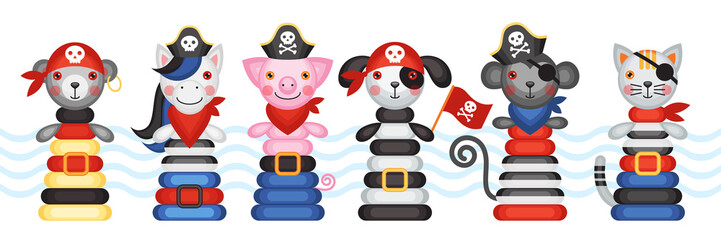 Marine poster. Nautical pirate theme. Children's holiday, kids' party, stickers, games, baby shower, scrapbooking.  