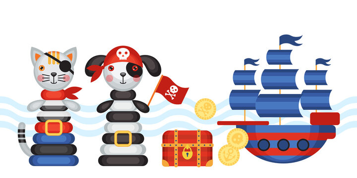 Marine poster. Nautical pirate theme. Children's holiday, kids' party, stickers, games, baby shower, scrapbooking.  