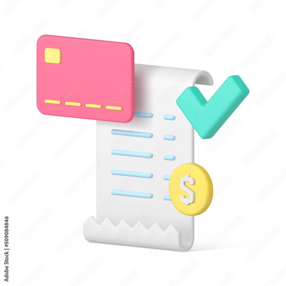 Poster curved realistic successful payment document coin credit card and checkmark 3d icon template vector