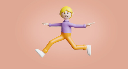 3d render of young man funny and jumping pose.