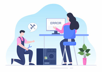 Computer Repair or Service Flat Cartoon Illustration with Tools Repairman Electronics for for Data Recovery Center and Crash on PC