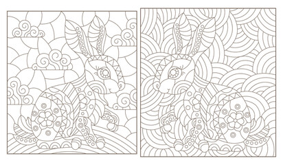 A set of contour illustrations in the style of stained glass with cute rabbits, dark contours on a white background