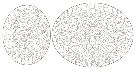 A set of contour illustrations in the style of stained glass with portraits of lions, dark contours on a white background
