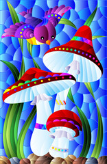 Illustration in the style of a stained glass window with bright mushrooms, grass and a burd on a blue background, rectangular image