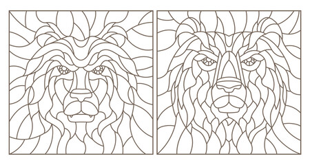 Set of contour stained glass illustrations with bear head, round and square image, dark outline on white background