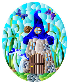 A stained-glass illustration with a fairy-tale dwarf house on a background of grass and blue sky, oval image