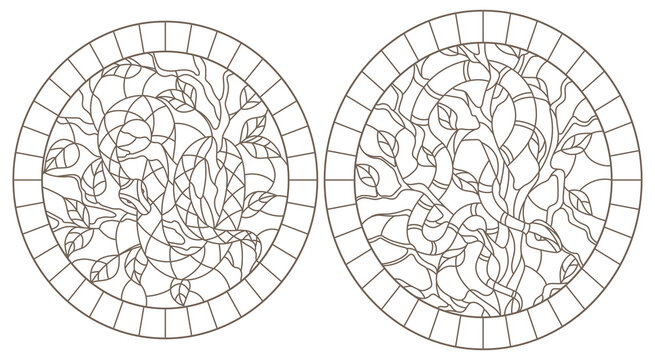 Set of contour illustrations of stained-glass windows with snakes on trees 