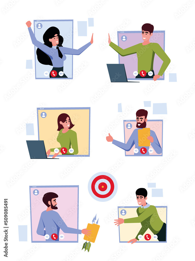 Aufkleber remote work. team online communication project management internet workflow organization garish vect