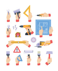 Tools hands holding. Professional equipment for workers tools for constructions hammer saw nails garish vector cartoon set isolated