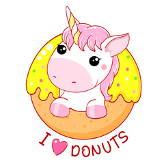 Cute baby card in kawaii style. Lovely unicorn with donut. Inscription I love donuts. Can be used for t-shirt print, stickers, greeting card design. Vector illustration EPS8