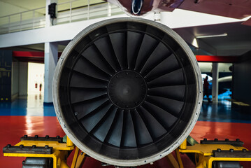 Jet engine turbine blades close-up.  Turbine Engine Profile. Aviation Technologies. Turbine blades...