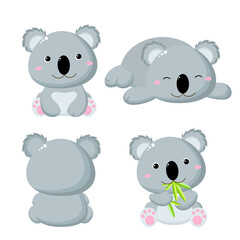 Set of cute cartoon koalas in various poses. Isolated on white background. Collection of funny koalas -  eating eucalyptus leaves, sitting, sleeping. Vector illustration EPS8